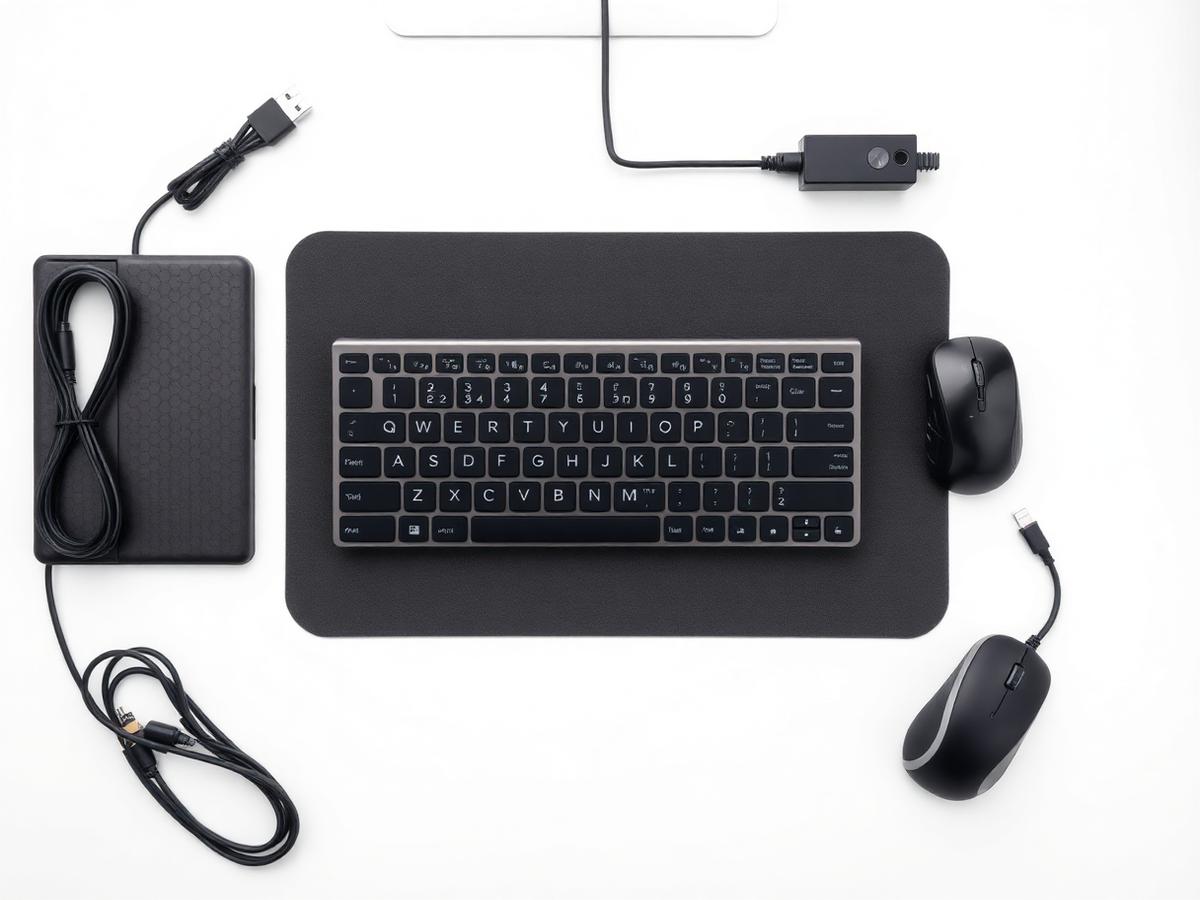 Computer accessories arranged neatly on a desk